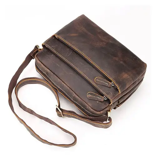 Vintage Leather Crossbody Bag with Multiple Zippered Pockets